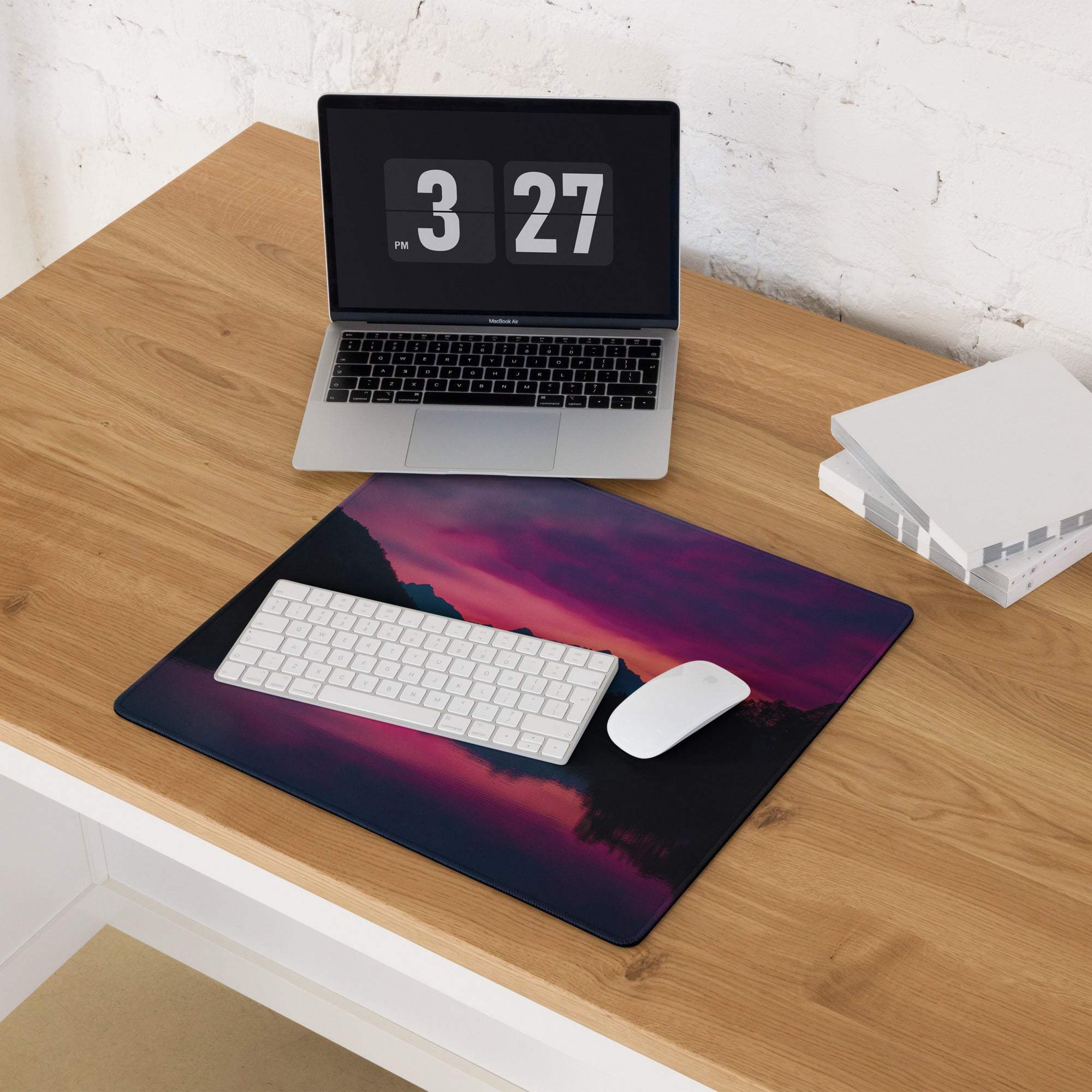 Epic sunset mountain gaming mouse pad with keyboard and mouse on purple pink sky design