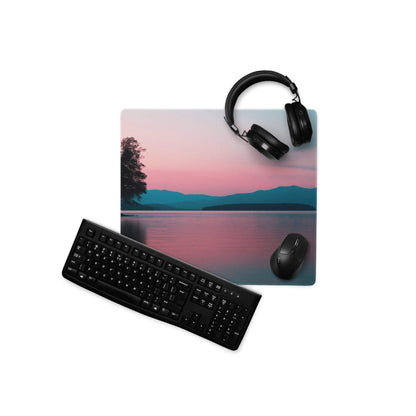 Scenic sunset gaming mouse pad with pink teal landscape, non-slip backing