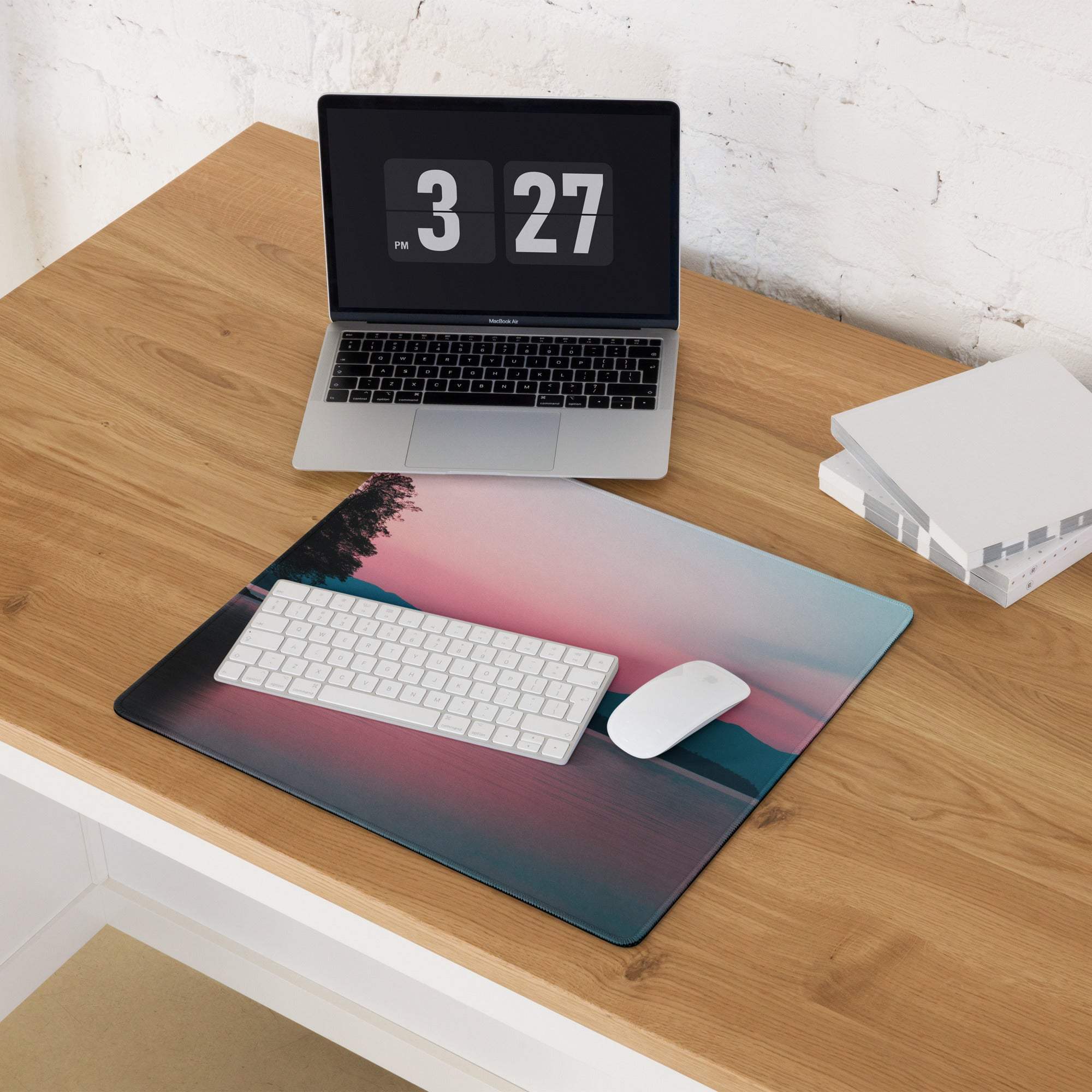 Scenic sunset gaming mouse pad with pink orange hues silhouetted trees non-slip backing