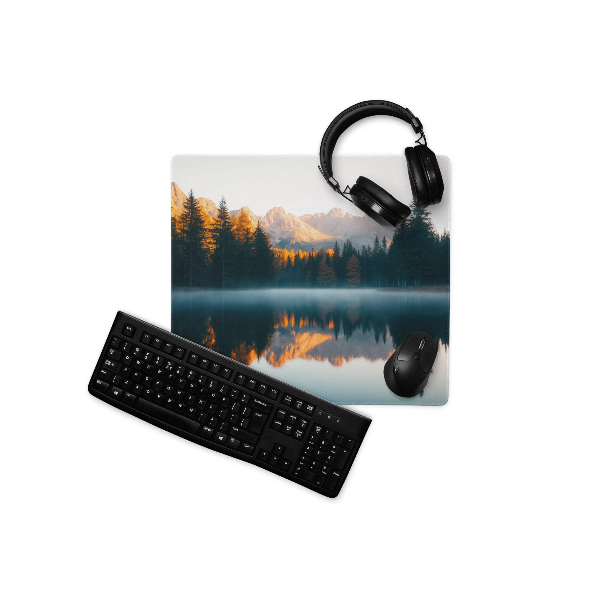 Golden hour mountain lake gaming mouse pad with non-slip backing