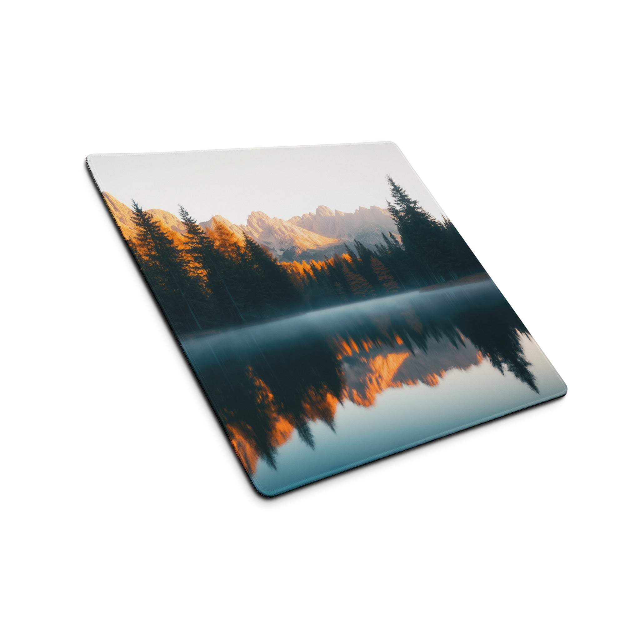 Golden hour mountain lake gaming mouse pad with reflection