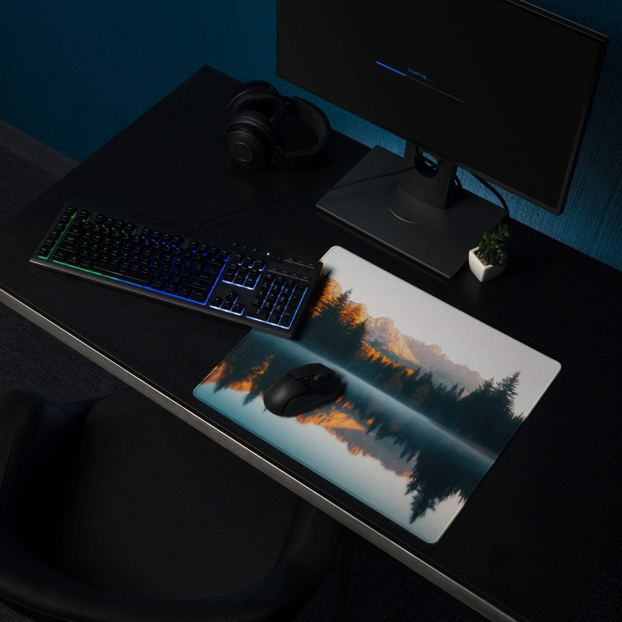 Golden Hour Mountain Landscape large gaming mouse pad with serene peaks and lake