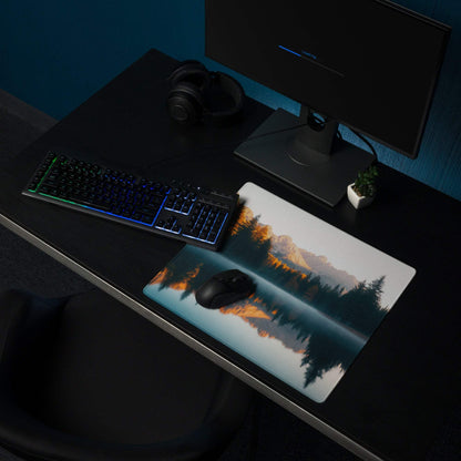 Golden Hour Mountain Landscape large gaming mouse pad with serene peaks and lake