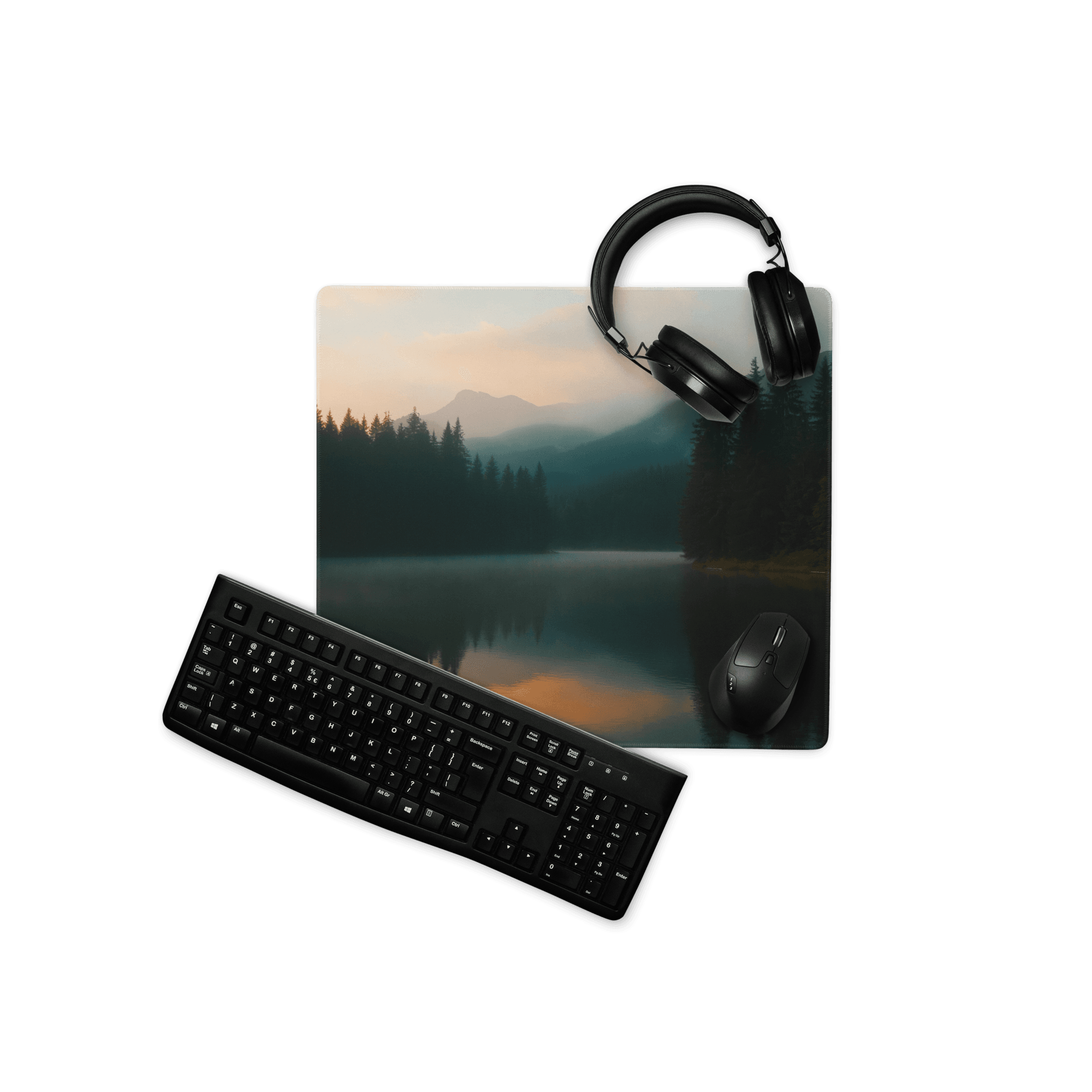Black wireless gaming headset on Large Forest Lake Dawn mouse pad