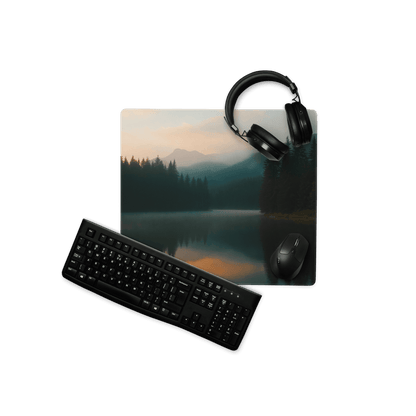 Black wireless gaming headset on Large Forest Lake Dawn mouse pad