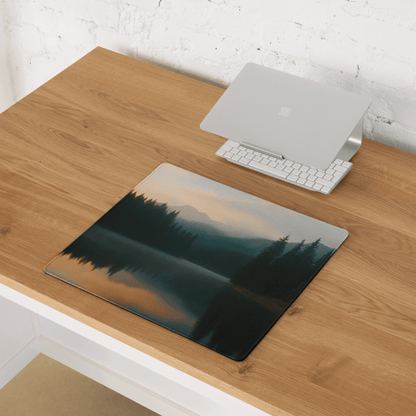 Large Forest Lake Dawn gaming mouse pad with serene pine trees reflection