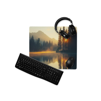 Black keyboard and mouse on sunrise forest lake gaming mouse pad