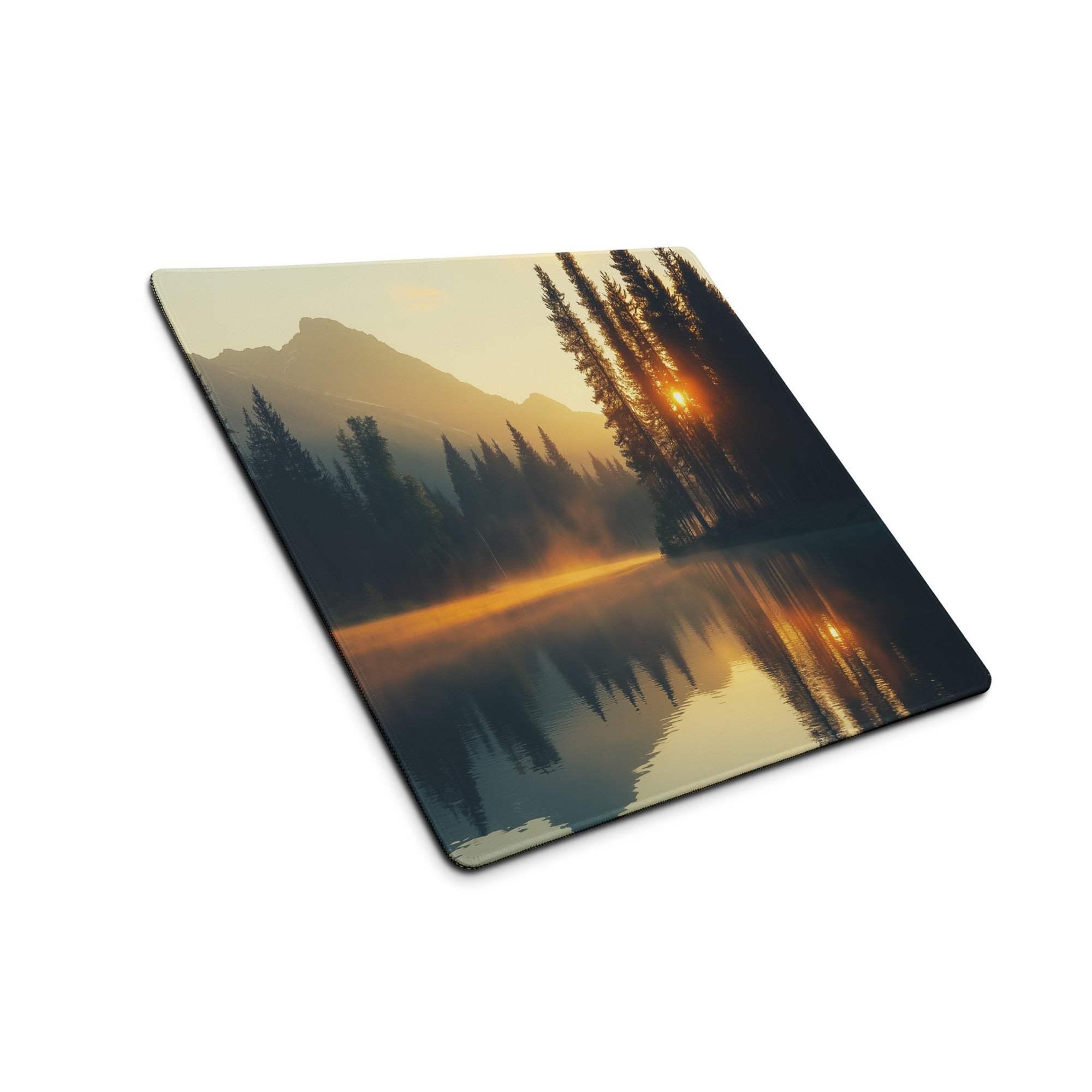 Large sunrise forest lake gaming mouse pad with serene mountain scene