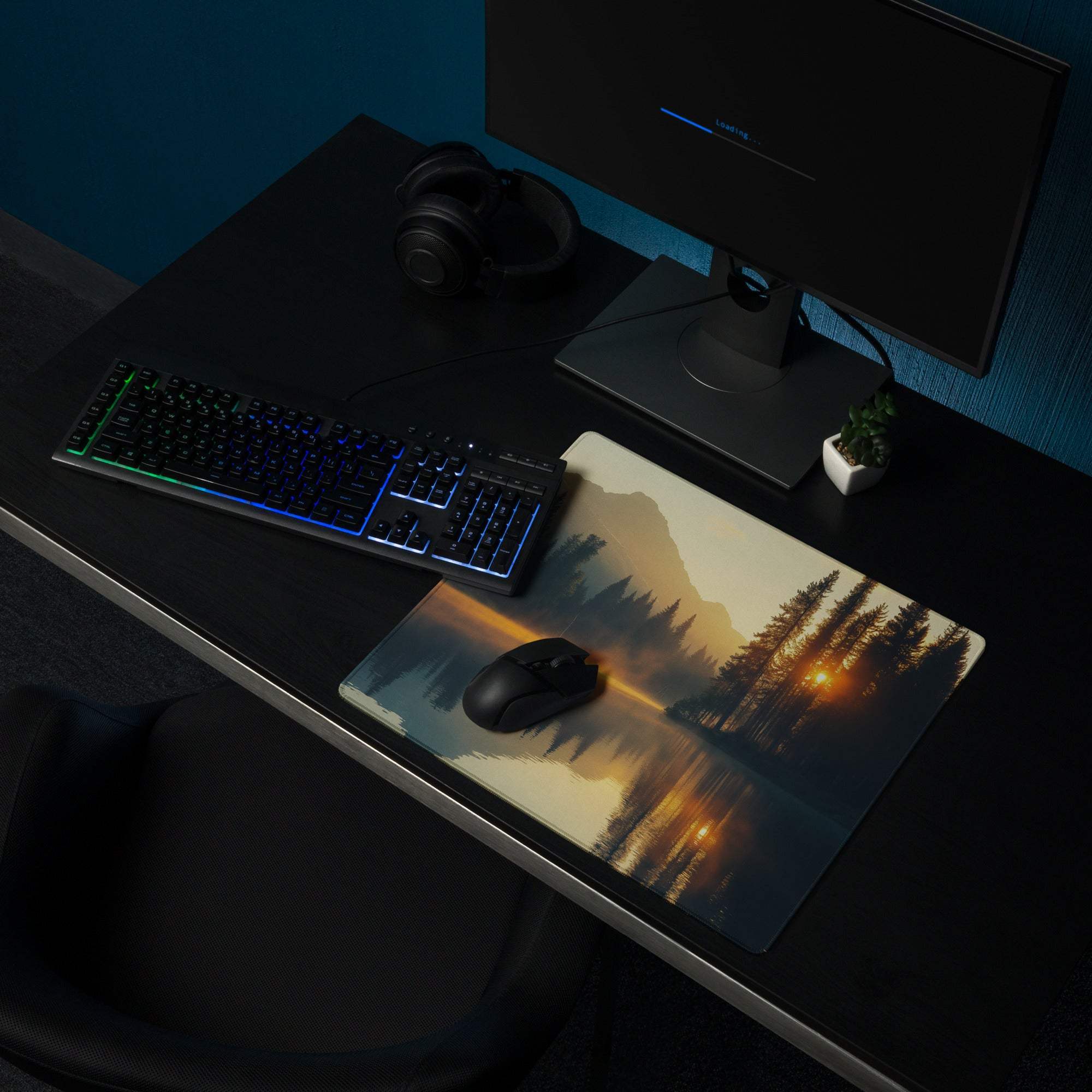 Large sunrise forest lake gaming mouse pad with orange sunset hues, stitched edges, non-slip base