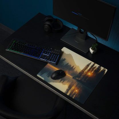 Large sunrise forest lake gaming mouse pad with orange sunset hues, stitched edges, non-slip base