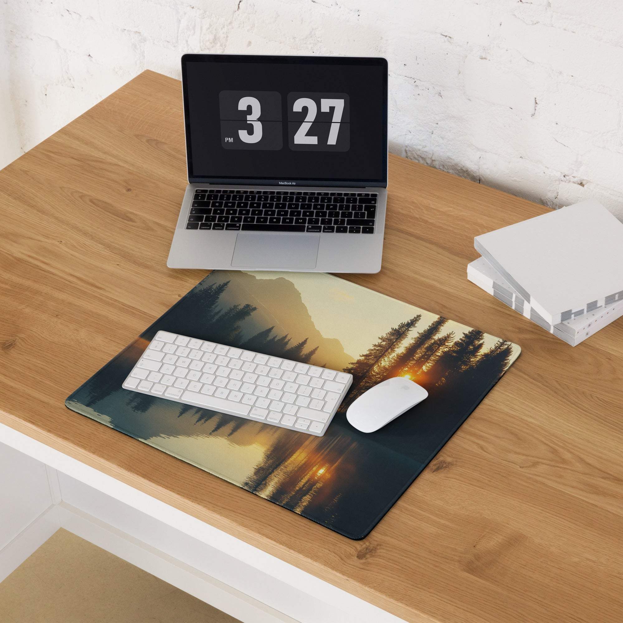 Nature sunrise forest lake gaming mouse pad with scenic sunset landscape