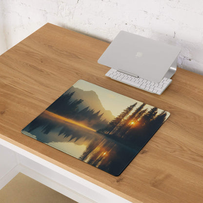 Large nature-inspired sunrise forest lake gaming mouse pad with serene sunset reflections