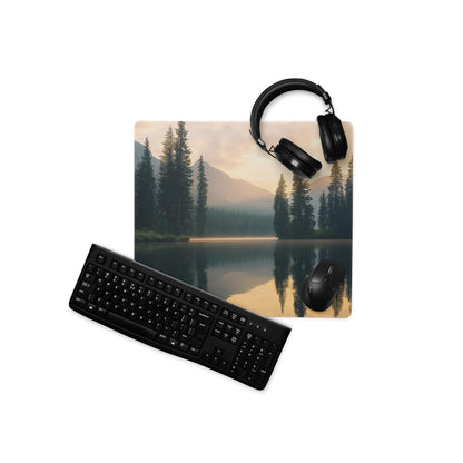 Black keyboard and mouse on nature-inspired misty lake sunrise mousepad