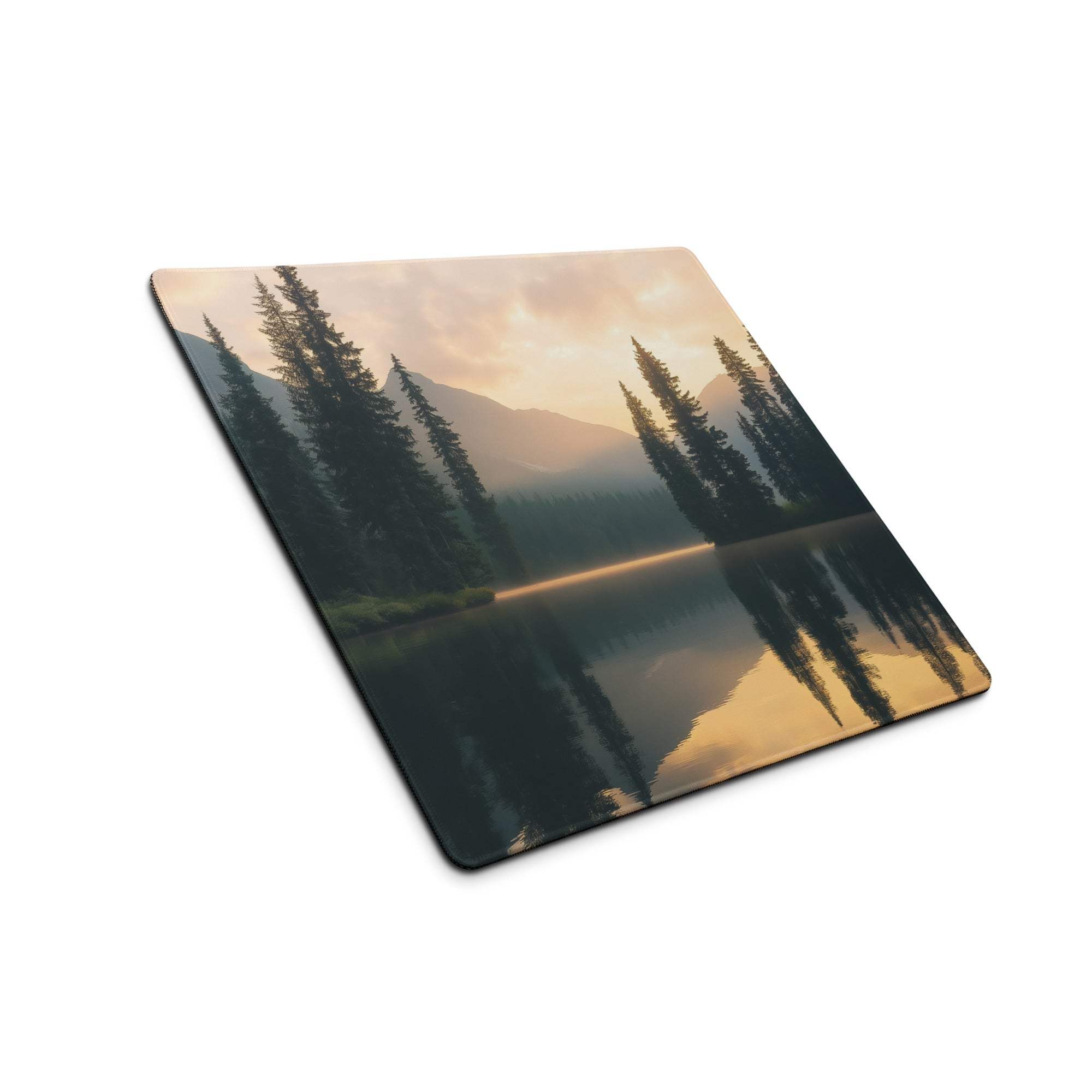 Square nature gaming mouse pad with misty lake sunrise reflections