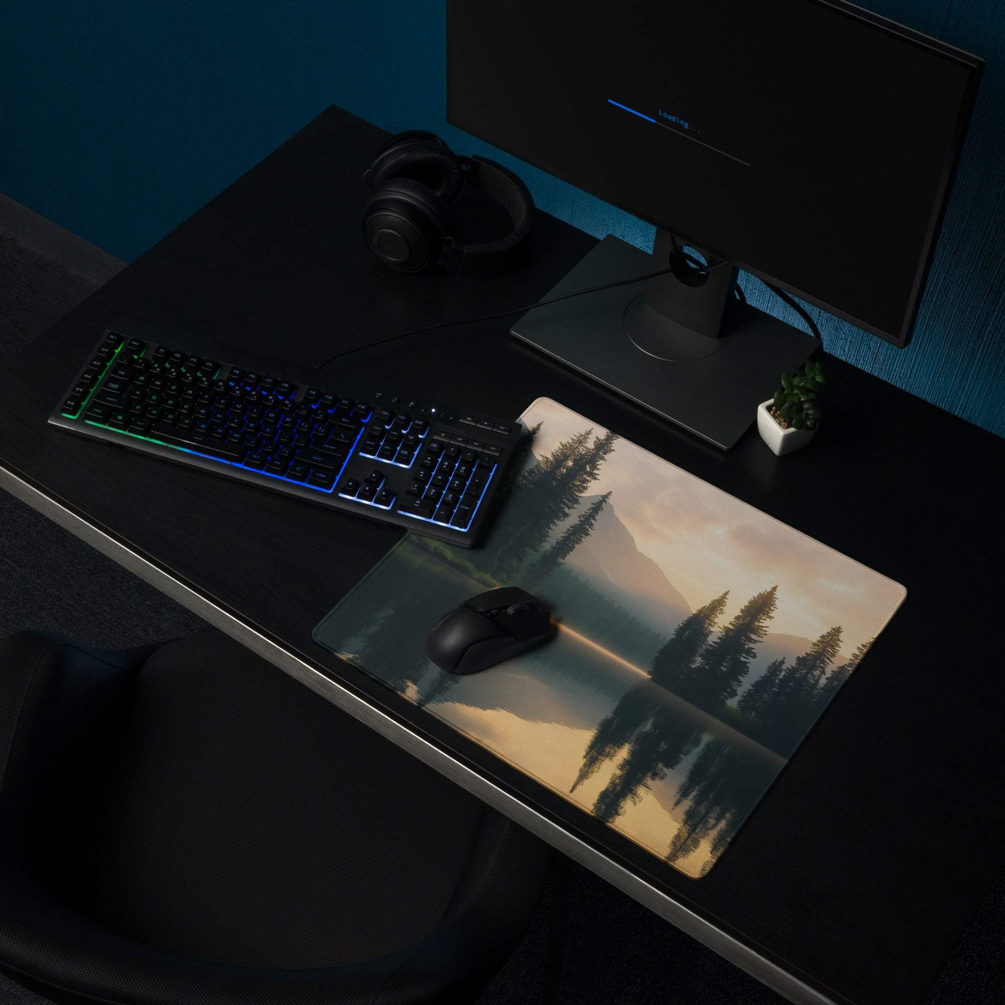 Nature-inspired gaming mousepad with misty lake reflections and warm sunrise tones