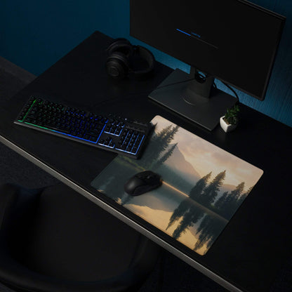 Nature-inspired gaming mousepad with misty lake reflections and warm sunrise tones