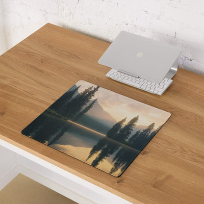 Nature inspired gaming mouse pad with misty lake reflections and warm sunrise tones