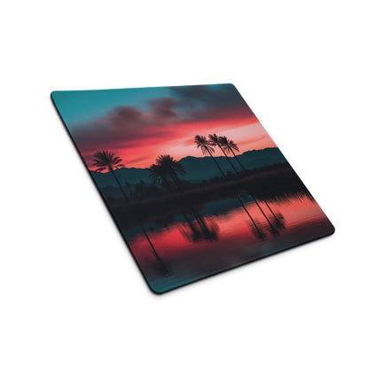 Dreamy sunset palm gaming mouse pad with silhouetted trees and non-slip backing