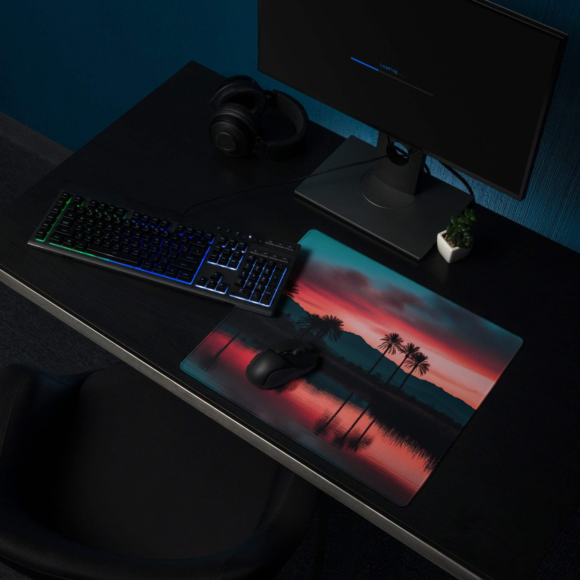 Dreamy sunset palm landscape gaming mouse pad with vibrant twilight and non-slip backing