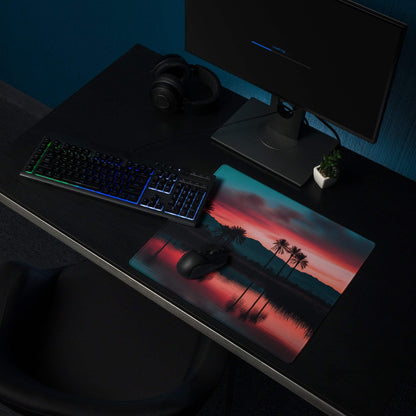 Dreamy sunset palm landscape gaming mouse pad with vibrant twilight and non-slip backing