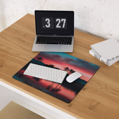 Dreamy sunset palm gaming mouse pad with vibrant twilight and non-slip backing