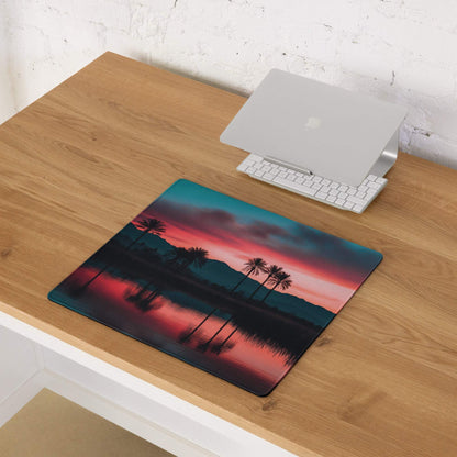 Dreamy sunset palm landscape gaming mouse pad with vibrant twilight mood