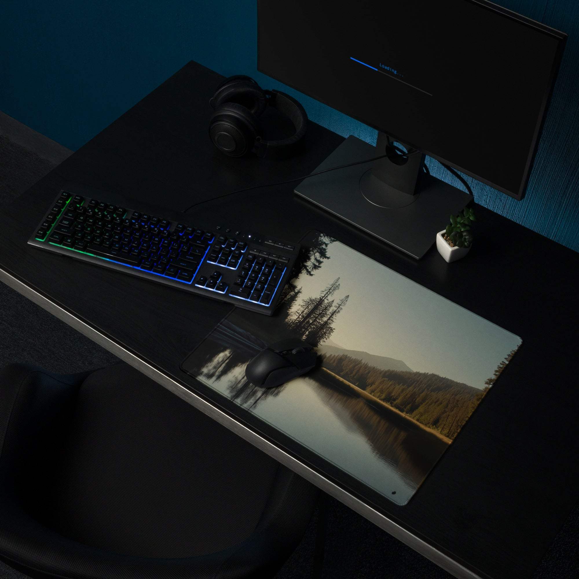 Large forest lake gaming mouse pad with non-slip base and stitched edges