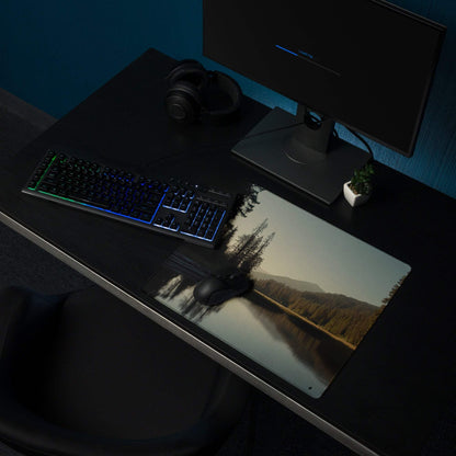 Large forest lake gaming mouse pad with non-slip base and stitched edges