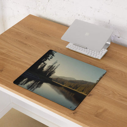Large forest lake reflection gaming mouse pad with stitched edge and non-slip base