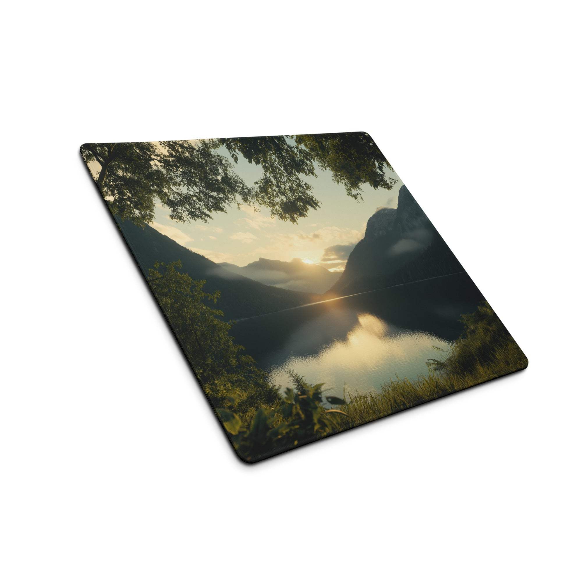 Serene sunset mountain lake gaming mouse pad with non-slip base