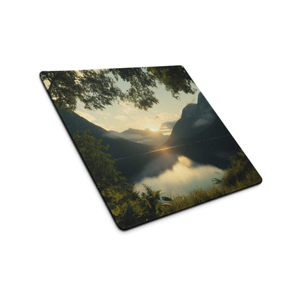 Serene sunset mountain lake gaming mouse pad with non-slip base