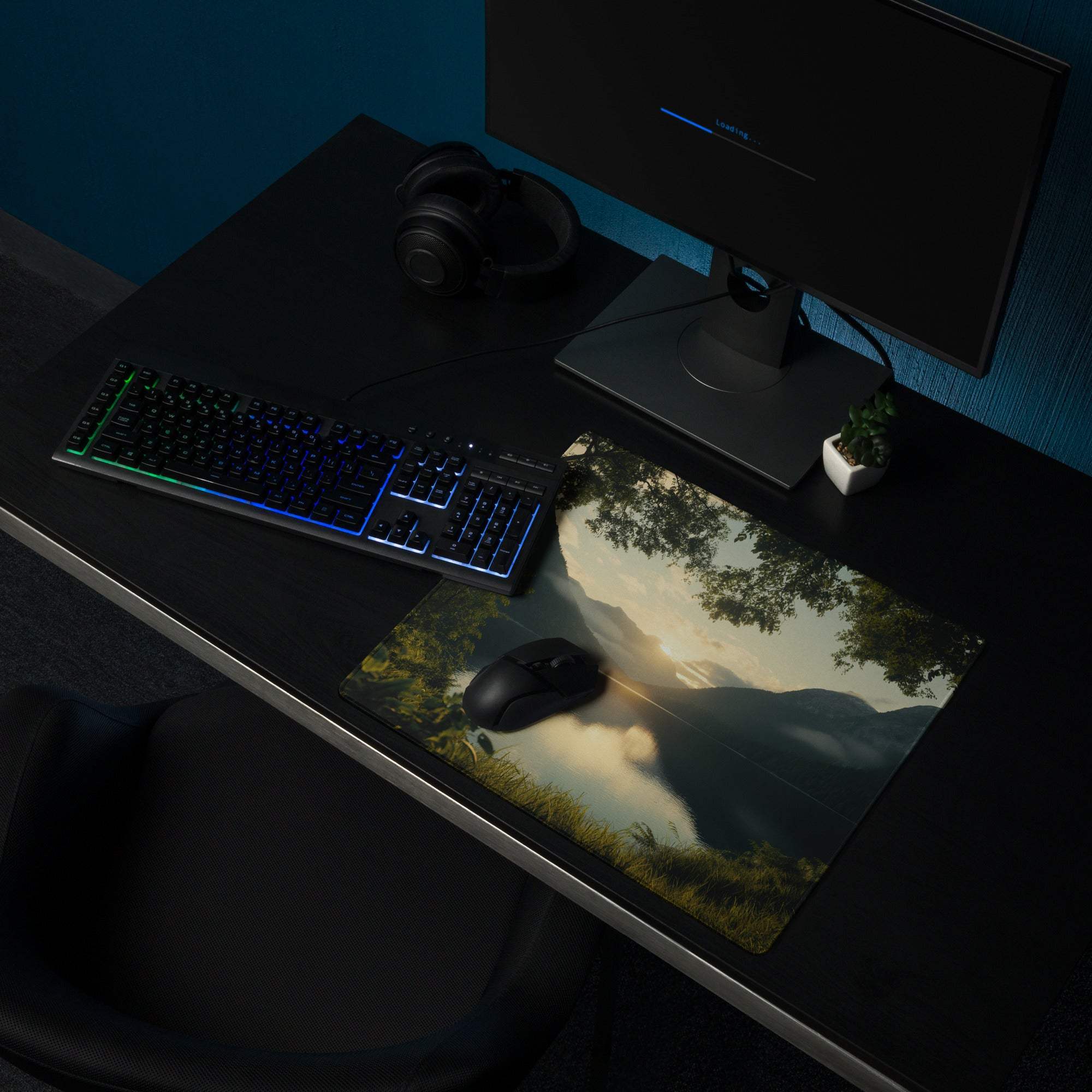 Serene sunset mountain gaming mouse pad with non-slip base