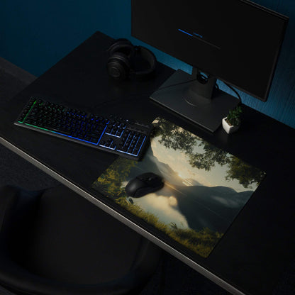 Serene sunset mountain gaming mouse pad with non-slip base