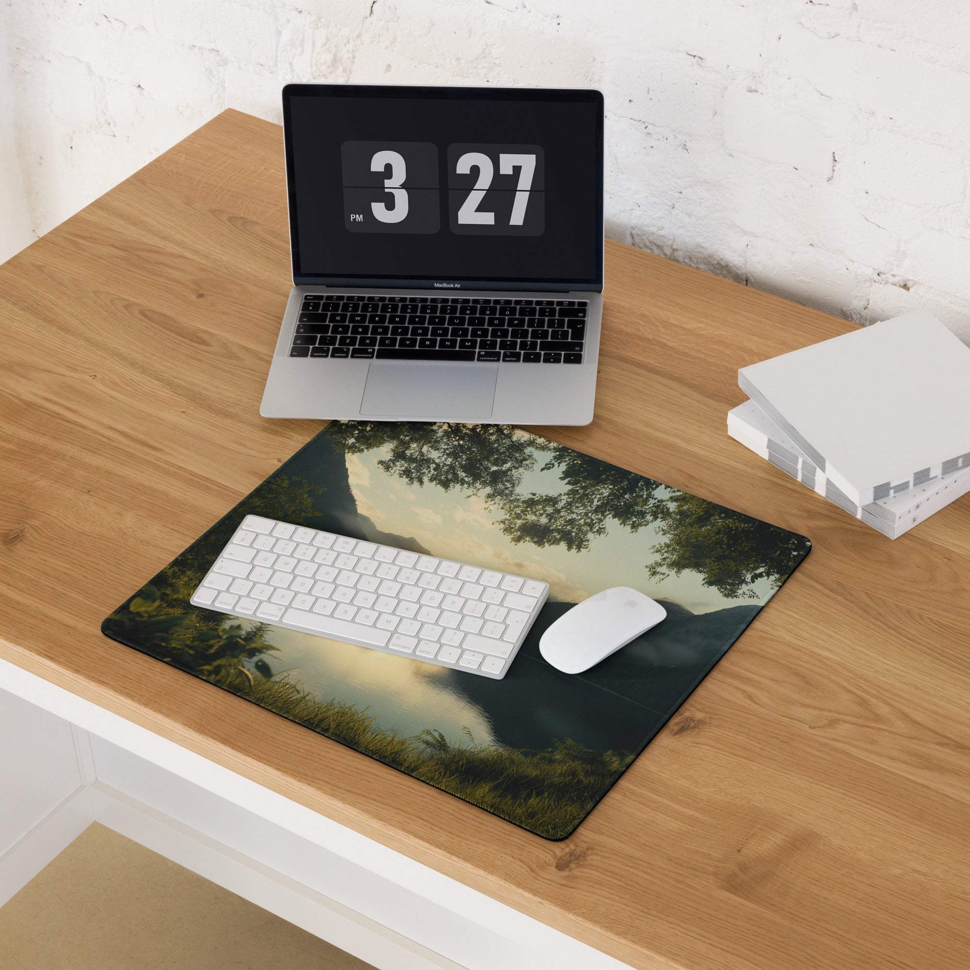 Serene sunset forest gaming mouse pad with non-slip base and stitching
