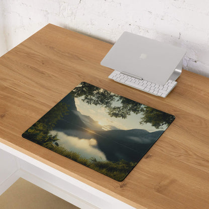 Serene sunset mountain lake gaming mouse pad, large non-slip stitched base