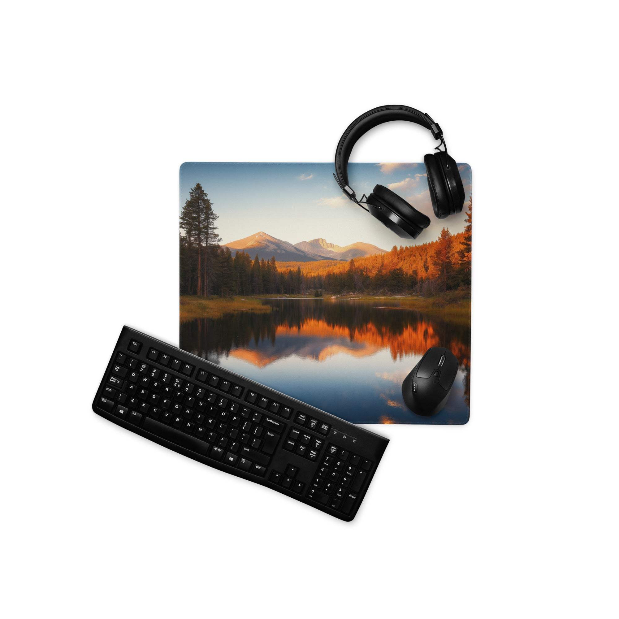 Autumn forest lake sunset wide gaming mouse pad, orange blue hues, non-slip base