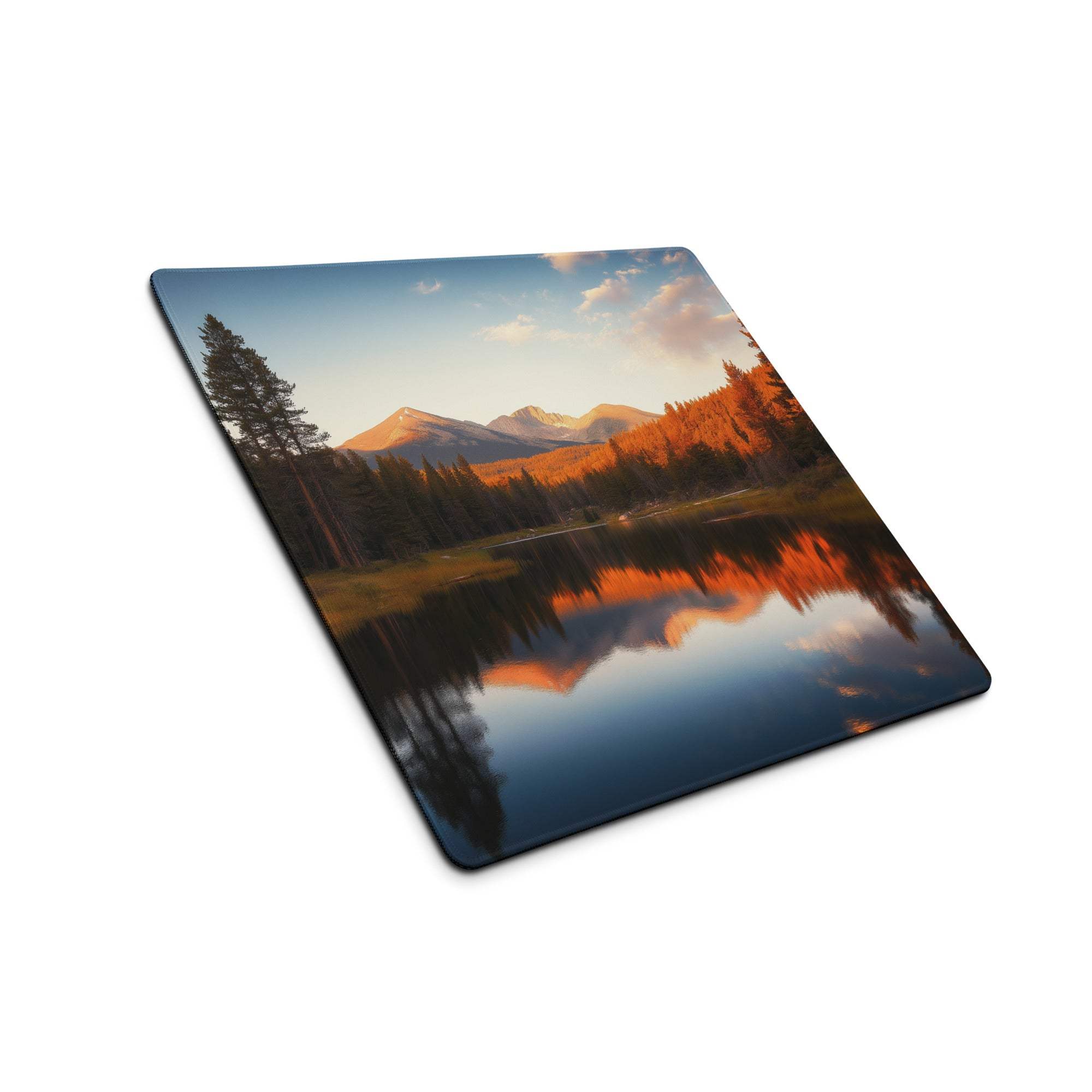 Autumn forest landscape wide gaming mouse pad with mountains, lake, sunrise hues