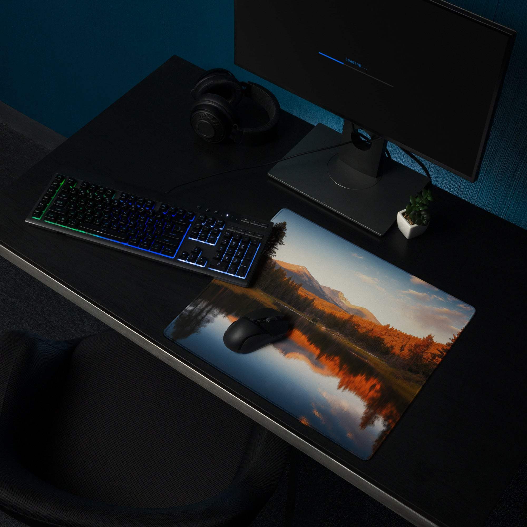 Autumn forest lake reflection wide gaming mouse pad, orange blue tones
