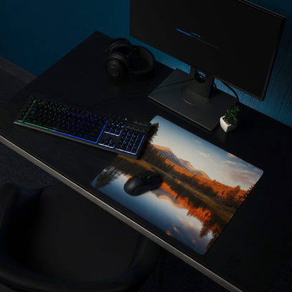 Autumn forest lake reflection wide gaming mouse pad, orange blue tones