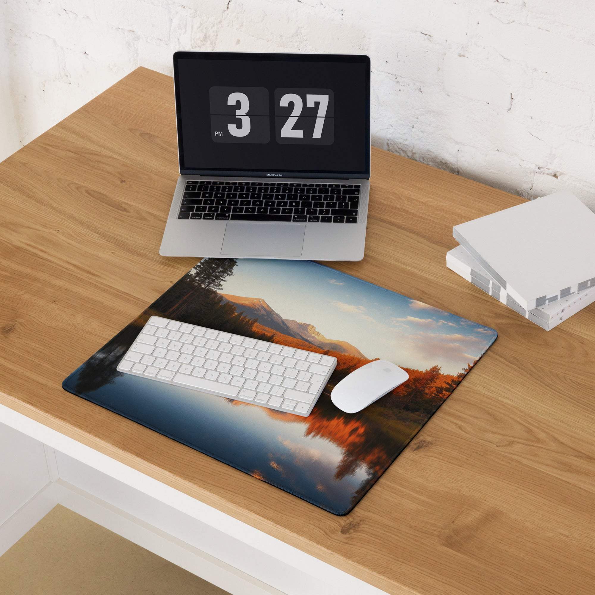 Autumn forest landscape wide gaming mouse pad with mountain lake reflection