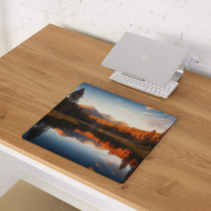 Autumn forest landscape wide gaming mouse pad with mountains reflection