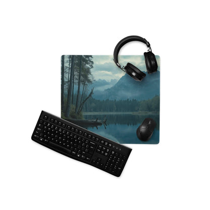 Black matte QWERTY keyboard on Moody Blue Mountain Lake gaming mouse pad