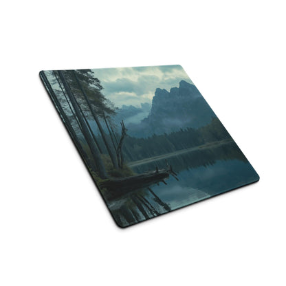 Moody Blue Mountain Lake gaming mouse pad with serene forest scene