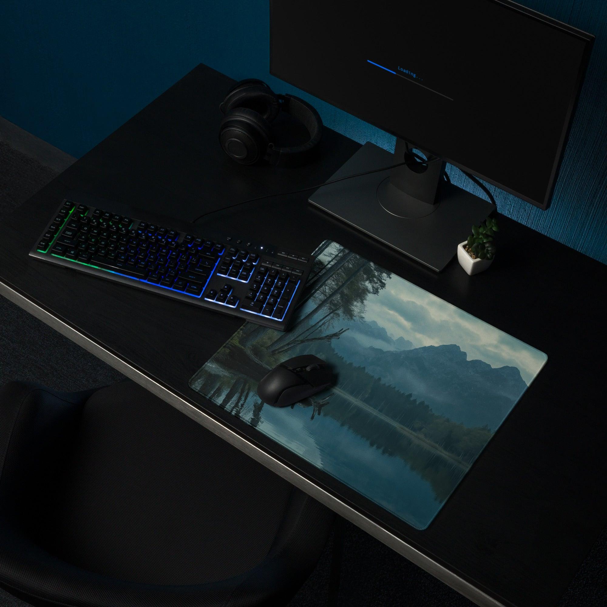 Moody Blue Mountain Lake gaming mouse pad with serene misty peaks