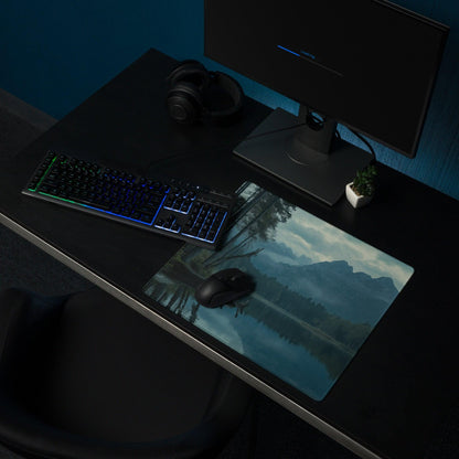 Moody Blue Mountain Lake gaming mouse pad with serene misty peaks