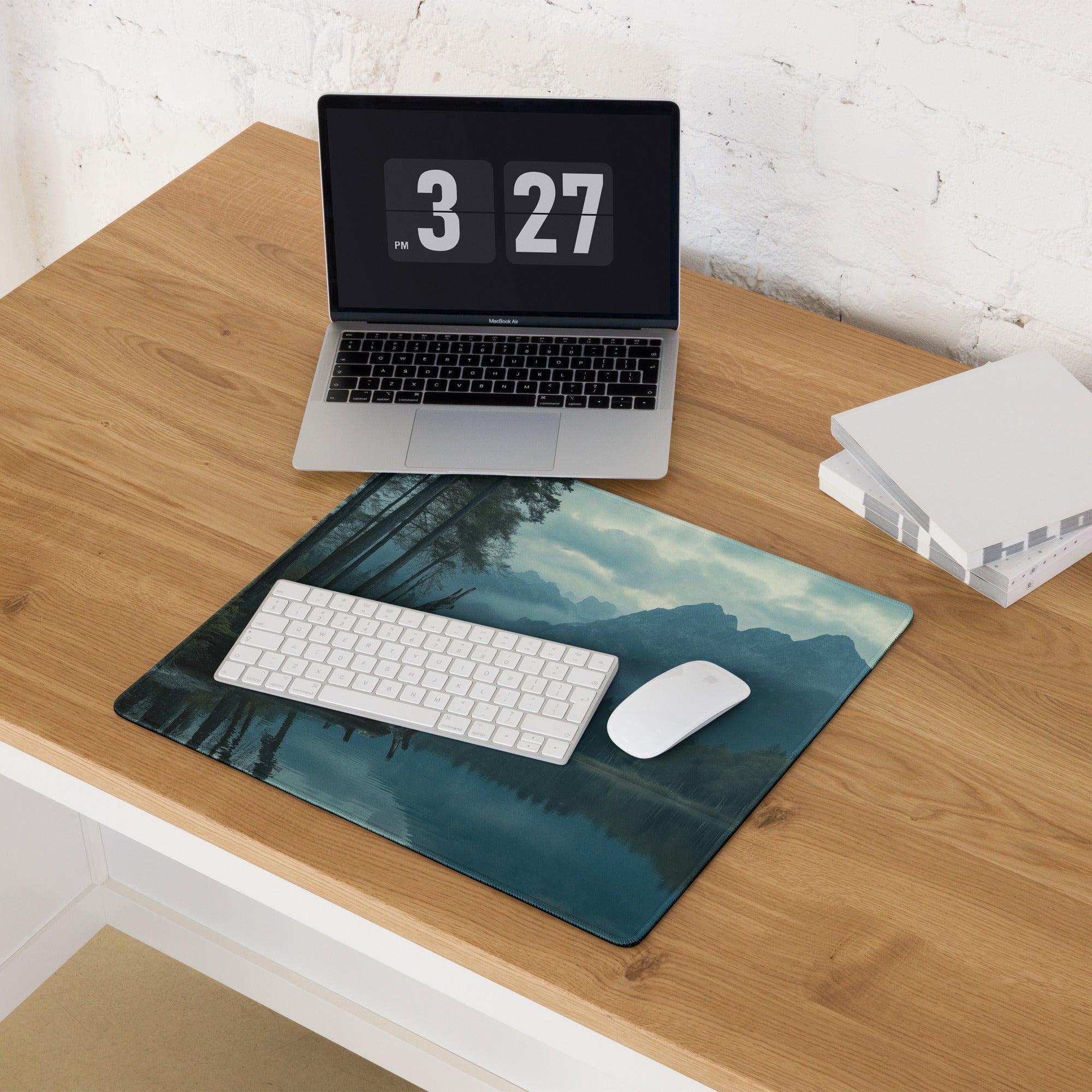 Moody Blue Mountain Lake teal blue gray scenic mouse pad with non-slip base