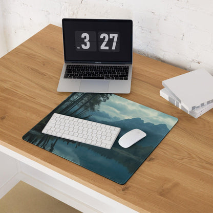 Moody Blue Mountain Lake teal blue gray scenic mouse pad with non-slip base