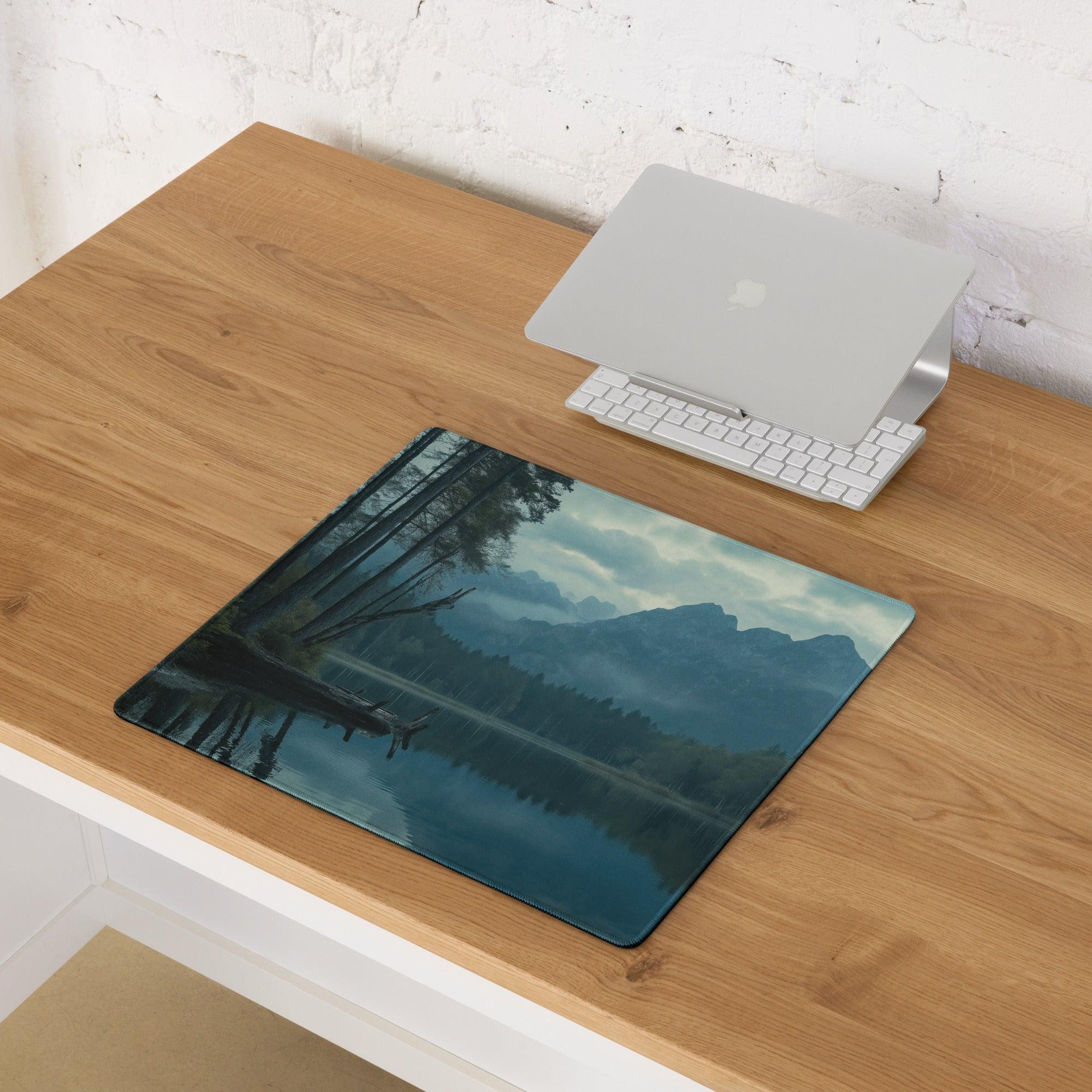Moody blue mountain lake gaming mouse pad with teal gray scene and trees