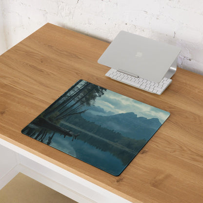 Moody blue mountain lake gaming mouse pad with teal gray scene and trees