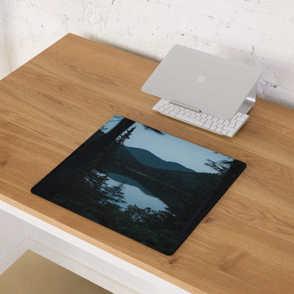 Black rectangular mousepad with serene mountain lake reflection in Forest Serenity style
